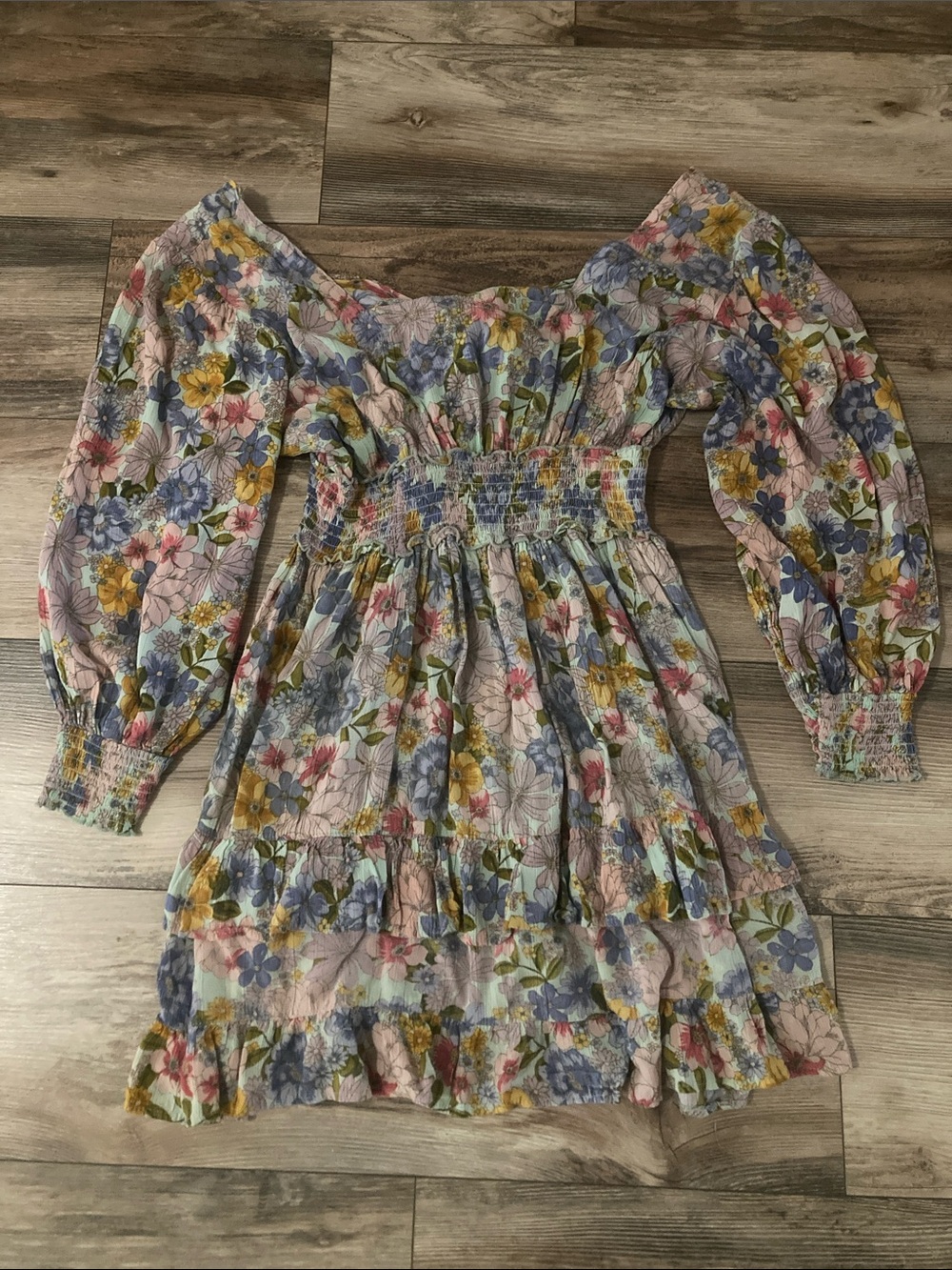 Angie Floral Mini Dress Ruffle Tiered Skirt Women’s Size L
